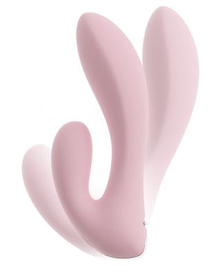 CERYA Rabbitvibrator är en rosa silikon dubbeländad personlig massageapparat med böjda, släta ytor för vaginal och klitorisstimulering. Denna uppladdningsbara kaninvibrator i miniformat visas på en vit bakgrund.
