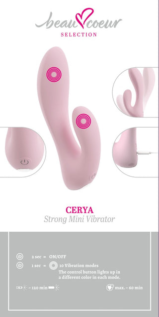 CERYA Rabbitvibrator är en rosa minivibrator med en böjd design för vaginal och klitorisstimulering, med en kontrollknapp som visas på en vit bakgrund.