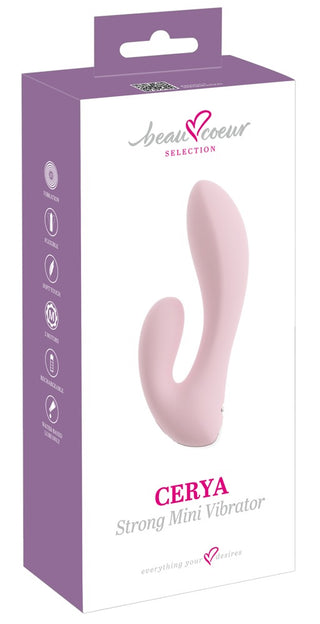 Lila och vit låda för CERYA Rabbitvibrator med produktbild och ikoner, som framhäver dess design som en mini-rabbitvibrator för effektiv vaginal och klitorisstimulering.