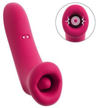 Rosa oral vibrator i silikon med rund öppen spets utformad för sugning och klitorisstimulering.