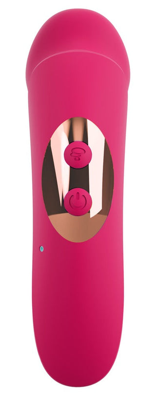 Handhållen vibrator i rosa silikon med sugfunktion och två kontrollknappar, avsedd för personligt bruk.