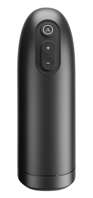 Mattsvart Arcwave Ion 2 Masturbator med tre knappar på framsidan, mot en vit bakgrund - elegant och stilren, visar upp innovativ design.