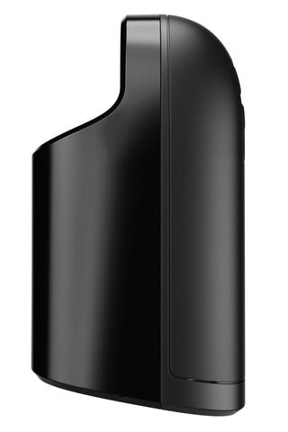 Sidovy av Arcwave Ion 2 Masturbator, en elegant svart böjd enhet för män med en slät yta, minimalistisk design och innovativ Pleasure Air-teknik.