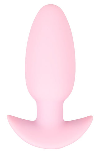 Cuties Mini Vibrating Plug är en rosa analplugg i silikon med en utsvängd bas, perfekt för analplugg nybörjare, visad ovanifrån på en vit bakgrund.
