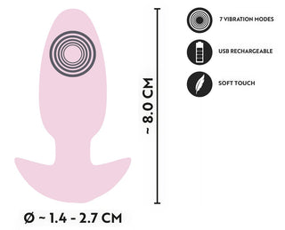 Cuties Mini Vibrating Plug: uppladdningsbar rosa analplugg med mjuk yta, flera vibrationslägen och kompakt storlek (ca 8 cm lång, 1,4-2,7 cm bred); perfekt för nybörjare.