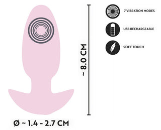 Cuties Mini Vibrating Plug: uppladdningsbar rosa analplugg med mjuk yta, flera vibrationslägen och kompakt storlek (ca 8 cm lång, 1,4-2,7 cm bred); perfekt för nybörjare.