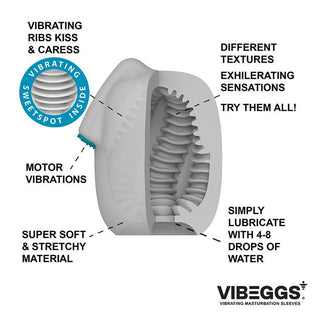 Tvärsnitt av Vibeggs Twisty Tongues Sleeve, en mjuk, texturerad vibrerande sleeve med märkta funktioner och VibeEggs-varumärke.