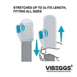 Illustration av Vibeggs Twisty Tongues Sleeve som kan töjas ut för att passa olika storlekar, vilket visar dess mångsidighet som vibrerande masturbatorhylsa.