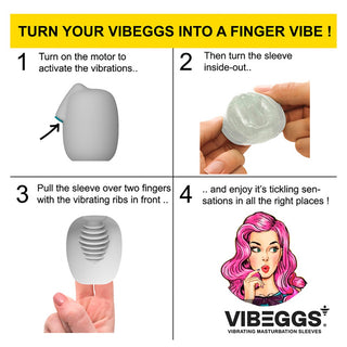 Steg-för-steg-instruktioner med bilder visar hur man använder Vibeggs Twisty Tongues Sleeve, med en tecknad kvinna som njuter av upplevelsen.