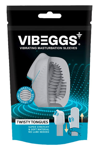 Vibeggs Twisty Tongues Sleeve-paketet innehåller en grå twisty finger sleeve med diagram som visar hur den används på fingrar som en vibrerande masturbator.
