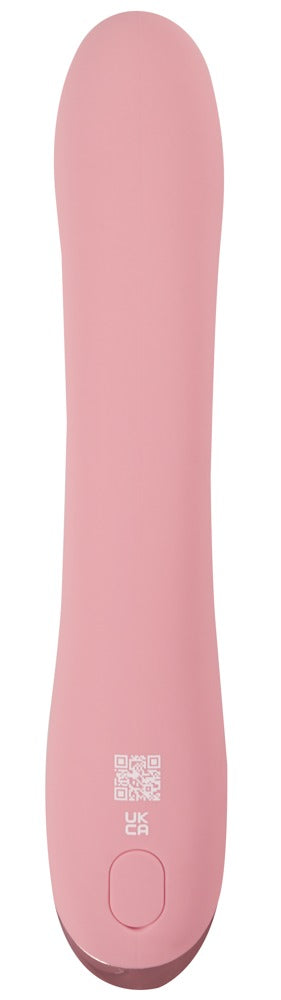 Rosa silikonvibrator, cylindrisk design, med en knapp och QR-kod nära basen.