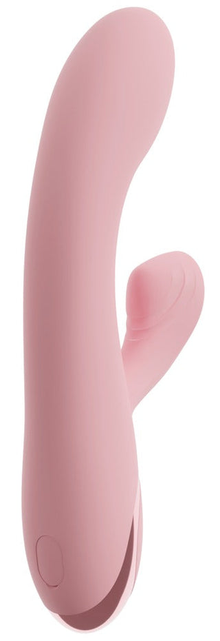 Kaninvibrator i rosa silikon med böjt skaft och utvändig arm, mot vit bakgrund.
