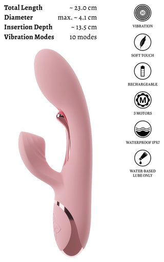 Kaninvibrator i rosa silikon med dubbla motorer och böjd G-punktsspets och klitorisstimulator, mot enfärgad bakgrund.