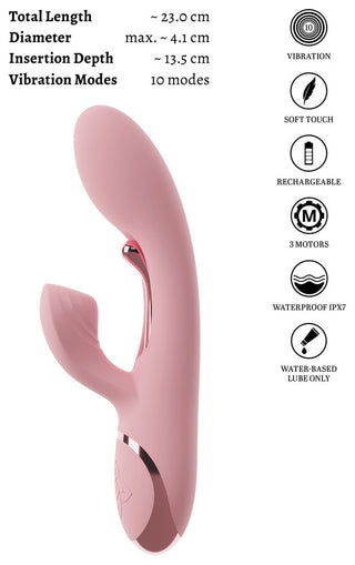 Kaninvibrator i rosa silikon med dubbla motorer och böjd G-punktsspets och klitorisstimulator, mot enfärgad bakgrund.