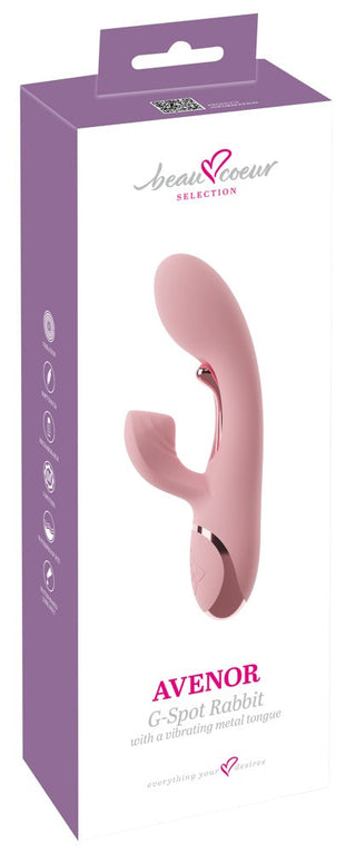 Kaninvibrator i rosa silikon med G-punktskurva, visas i märkesförpackning.