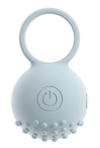 Ljusblå KIREMO fingervibrator i silikon med rund form, ringhandtag, strömknappsikon och texturerade ojämnheter på ovansidan.