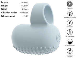 Ljusblå KIREMO fingervibrator i silikon med strukturerad yta och synlig strömknapp.