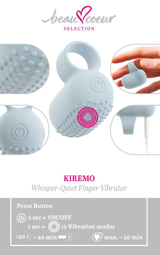 KIREMO fingervibrator i ljusblå silikon med strukturerad yta, synlig strömknapp och laddningsport.