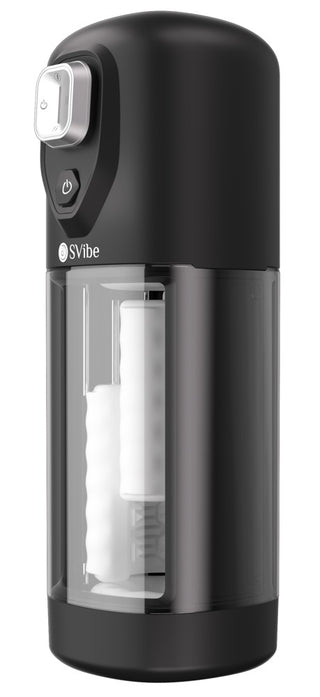 IKON VOLT Masturbator är en svart och transparent automatisk masturbator med en synlig invändig hylsa, kontrollknappar och flera vibrationslägen.