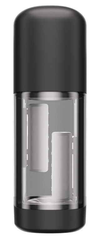 IKON VOLT Masturbator är en elegant svart och transparent cylindrisk enhet med två vertikala vita filterpatroner inuti, med flera vibrationslägen för ökad njutning.