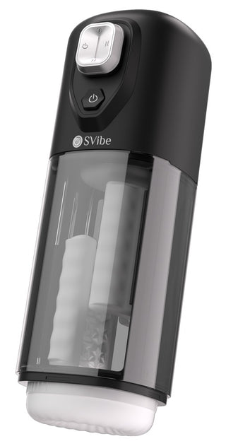 IKON VOLT Masturbator är en svart och transparent elektrisk enhet med toppkontrollknappar som erbjuder flera vibrationslägen för anpassningsbar användning.