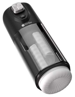 IKON VOLT Masturbator är en svart och transparent automatisk masturbator med kontrollknappar, ribbad vit hylsa, vibrationslägen och värmefunktion för ökad njutning.