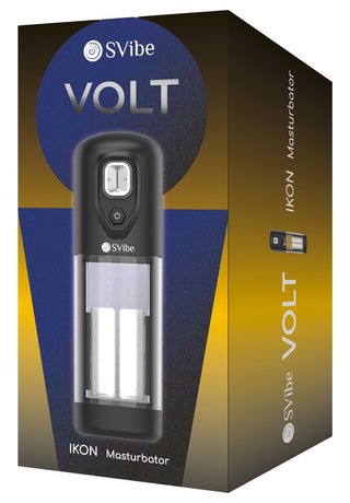 IKON VOLT Masturbator levereras i en blå och guld förpackning med produktbild. Den har värmefunktion och flera vibrationslägen för maximal njutning.