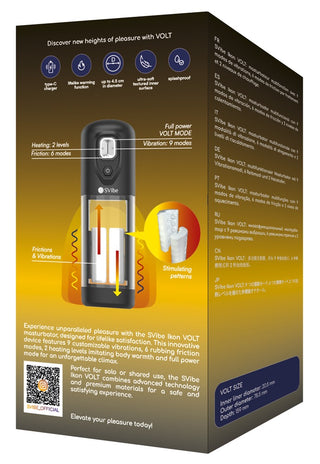 Box för IKON VOLT Masturbator, med produktbild, nyckelfunktioner, vibrationslägen, värmefunktion, detaljerade beskrivningar och användningsinformation.