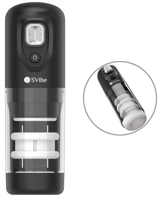 IKON SPARK Masturbator, i svart och transparent design, som visas i närbild och från sidan, har intuitiva knappar och en genomskinlig kammare med roterande stötlägen för intensiv penismassage.