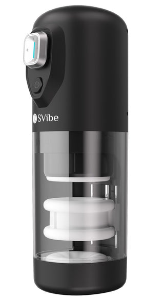 IKON SPARK Masturbator är en svart och transparent automatisk masturbator med en synlig inre mekanism, toppkontrollknapp och flera roterande trycklägen för intensiv penismassage.