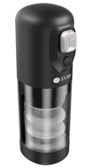 IKON SPARK Masturbator är en svart och transparent elektrisk enhet med knappar och en inre spiral, som erbjuder roterande thrustinglägen för en intensiv penismassageupplevelse.