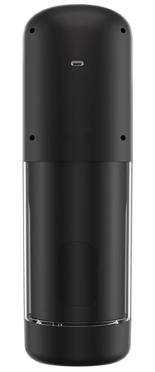 IKON SPARK Masturbator har en elegant svart automatisk design med en transparent nedre del, som visas på en vit bakgrund - dess moderna stil konkurrerar med innovationen hos toppklassiga nöjesapparater.