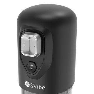 Närbild av en svart IKON SPARK Masturbator med kontrollknappar på framsidan - power och plus/minus - och roterande thrustinglägen, utformade för penismassage och förbättrade sensationer.