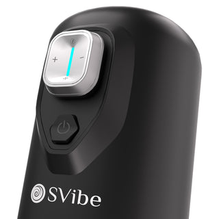 Närbild av den svarta IKON SPARK Masturbator med strömbrytare och kontrollpanel med plus- och minusknappar, utformad för penismassage med roterande stötlägen för en förbättrad upplevelse.