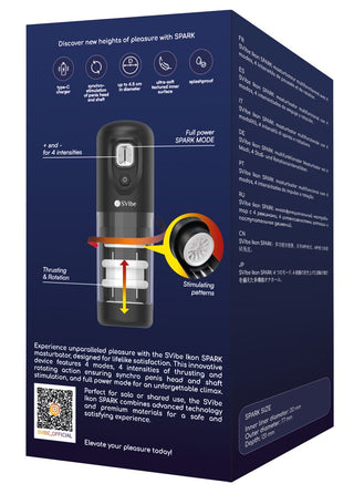 Förpackningen till IKON SPARK Masturbator innehåller produktnyheter, ett diagram över penismassage och detaljerad information om rotations- och stötlägen.