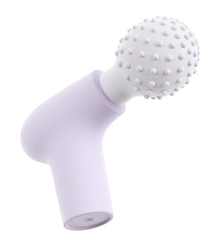Mini Magic Wand massageapparat med texturerat vitt rundat huvud och lavendelfärgat handtag, tillverkad av slät plast, mot en vit bakgrund.