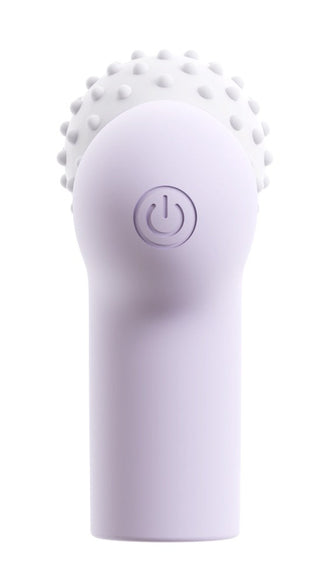 Ljuslila handhållen mini-massageapparat med vitt huvud och strömknapp, plastkonstruktion.