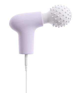 Vit och lavendelfärgad mini-massageapparat med strukturerat runt huvud och fäst sladd i botten.