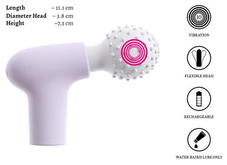 Vit minimassageapparat med strukturerat huvud, flexibel hals och uppladdningsbar design; märkta funktioner synliga.