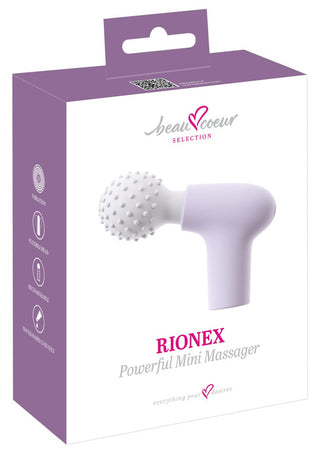 RIONEX Mini Magic Wand, kompakt handhållen massageapparat, svart plast med silverfärgade detaljer, visas på produktförpackningen.