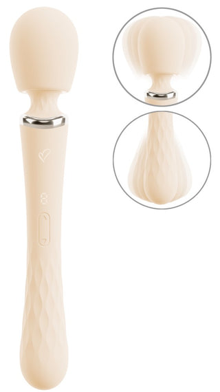 Beige Taviro Wand Massager med ett strukturerat handtag och ett mjukt vibrerande huvud, som visas i detalj på två infällda bilder.