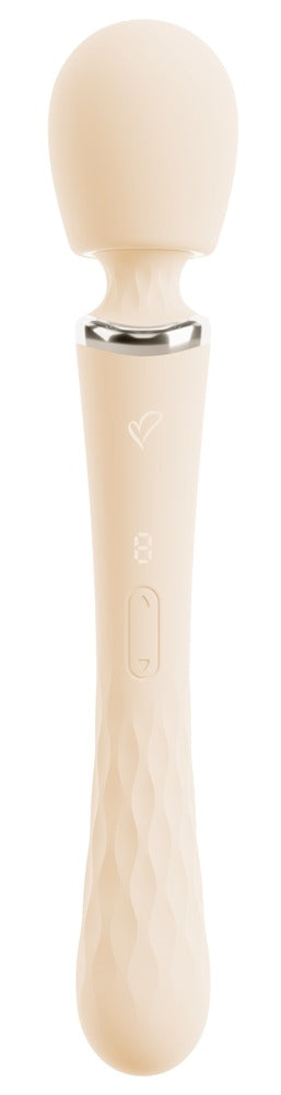 Beige Taviro Wand Massager med rundat huvud, strukturerat handtag och sidoknappar; tillverkad av slätt material.