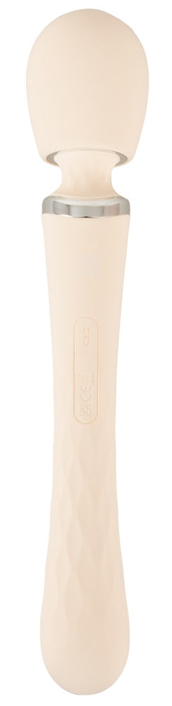 Beige Taviro Wand Massager med rundat huvud och strukturerat handtag, med slätt material, visas på vit bakgrund.