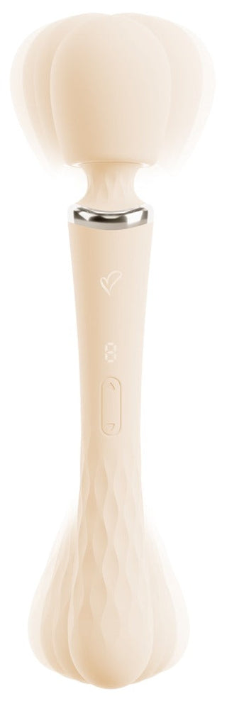 Krämfärgad stavvibrator med strukturerat handtag, räfflat huvud och integrerade kontrollknappar på kroppen.
