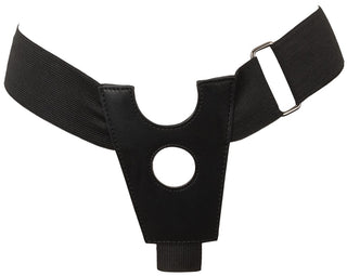 Svart strap-on-sele i elastiskt material och konstläder med en rund öppning i mitten, avsedd för användning med en Thrusting Rabbit-vibrator.