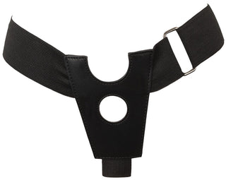 Svart strap-on-sele i elastiskt material och konstläder med en rund öppning i mitten, avsedd för användning med en Thrusting Rabbit-vibrator.