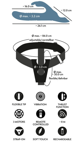 Svart strap-on-sele i silikon med fastsatt rabbit-vibrator för fram- och återgående rörelser, justerbara remmar, flexibel spets och separat fjärrkontroll.