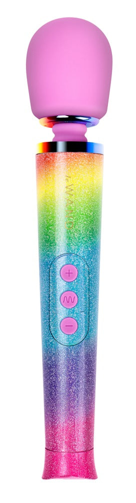 Rosa glittrig massagestav med rundat huvud, synliga knappar och vattentät design.