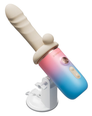 Lila silikonvibrator med räfflat skaft, kontrollknappar på handtaget och en sugkoppsbas.