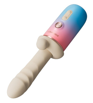 Gradientrosa och blå stötvibrator med ribbat vitt skaft och handtagskontroller, tillverkad av slät silikon.